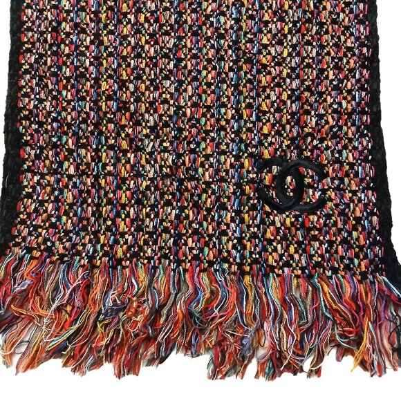 CHANEL Luxury Vintage Black & Red Multi-Color Woven Fringed Shawl Wrap Scarf - Picture 6 of 15